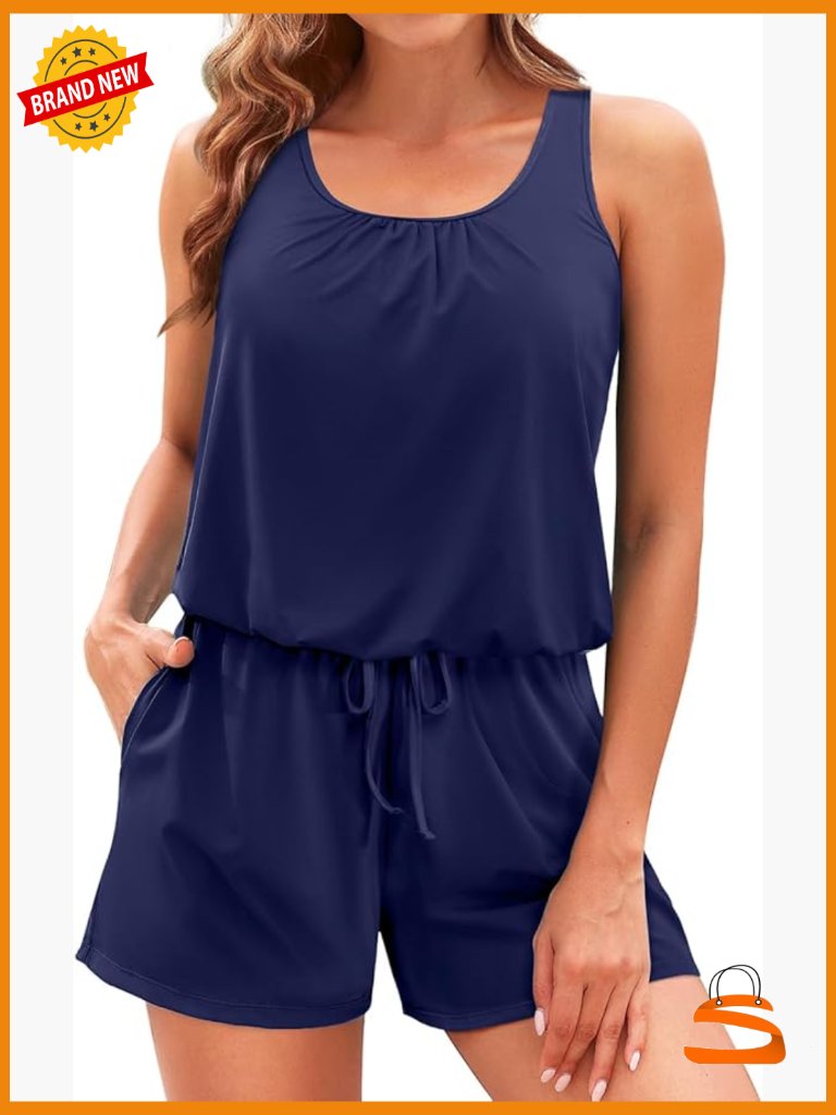 One Piece Romper Swim With Pockets Boyleg Modest Bathing Suit Adjustable